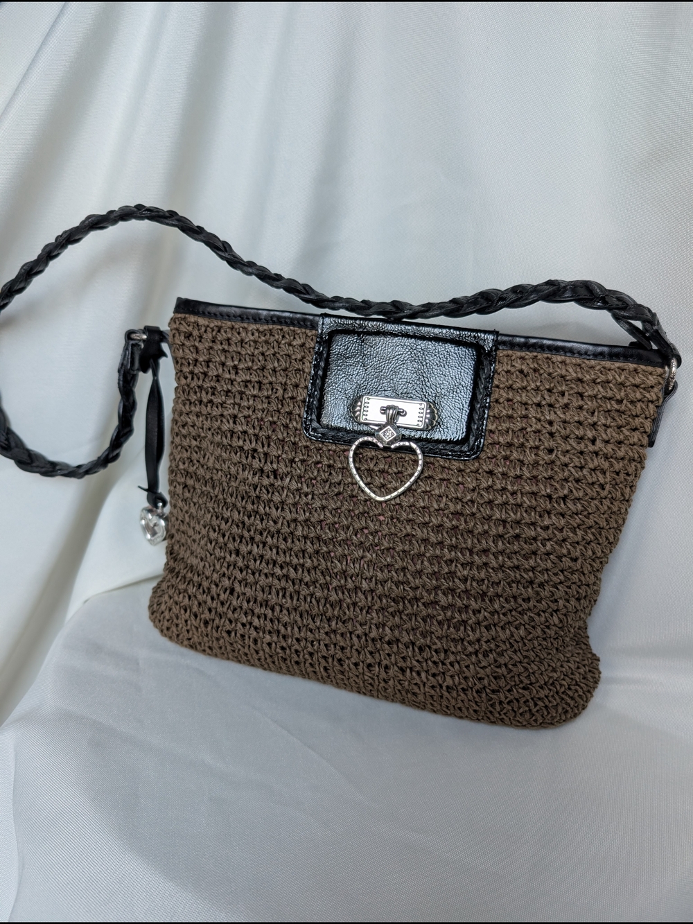 Brighton Vintage Brown Woven Shoulder Bag with Black Trim and Heart Charm H74019